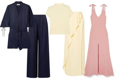 From left to right: Satin blouse, £250, available at Net-a-porter.com, satin wide-leg trousers, £280, available at Net-a-porter.com, washed crepe top, £180, available at Net-a-porter.com, ruffled satin maxi skirt, £310, available at Net-a-porter.com, crepe maxi dress, £360, available at Net-a-porter.com
