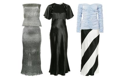From left to right: (top) Tube top, £333, available at Farfetch.com, pencil skirt, £501, available at Farfetch.com, tailored black dress, £538, available at Farfetch.com, (top) off-the-shoulder ruched taffeta top, £205, available at Theoutnet.com, (bottom) black and white midi skirt, £546, available at Farfetch.com