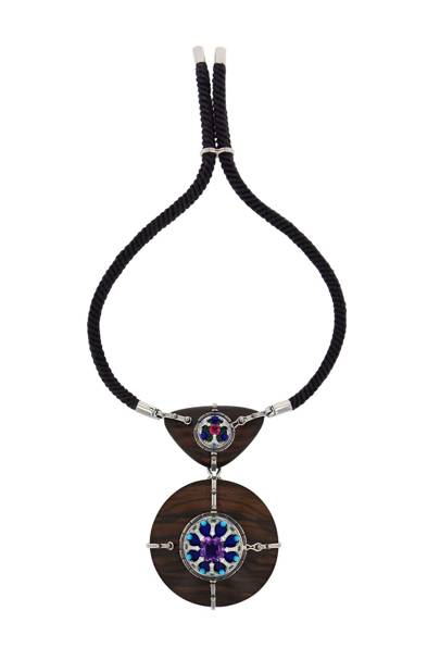 The "Desdemone" double necklace in open position, revealing a glorious burst of colour in amethyst and lapis lazuli