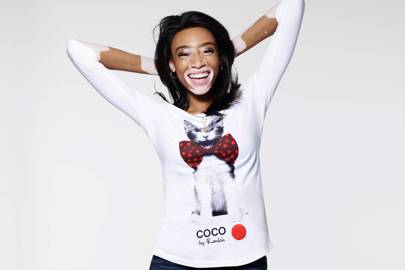 Winnie Harlow wears a TK Maxx T-Shirt which is part of a limited edition range designed by British photographer Rankin to support Red Nose Day 2017.