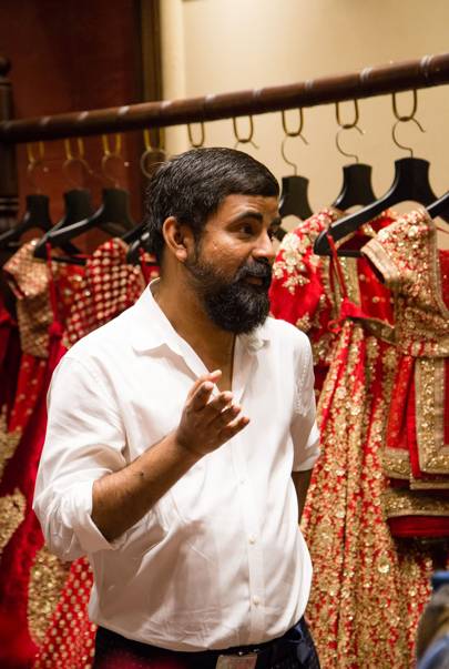 Traditional red and gold embroidery at the Sabyasachi boutique