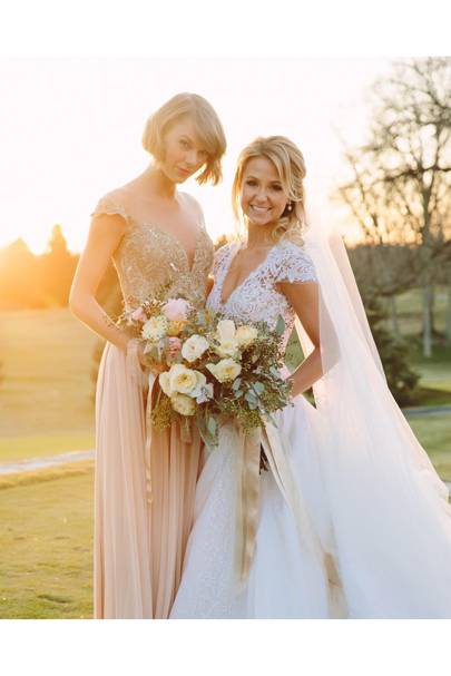 Celebrity Bridesmaids Bridesmaid Dresses Pictures Taylor Swift Wore An Embroidered Pink Reem Acra Gown To Be The Maid Of Honour At Wedding Her Childhood Best Friend Britany Maack In February 2016