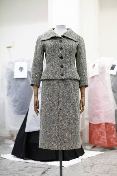 The 1954 wool tweed linen skirt suit by Cristobal Balenciaga in 1954