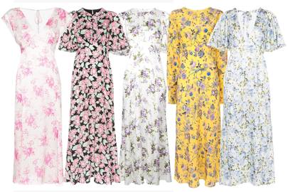 From left to right: Silk dress, £480, available at Brownsfashion.com, front slit floral print dress, £520, available at Brownsfashion.com, long floral dress, £859, available at Farfetch.com, floral print silk dress, £851, available at Farfetch.com, V-neck frill sleeve silk dress, £520, available at Brownsfashion.com